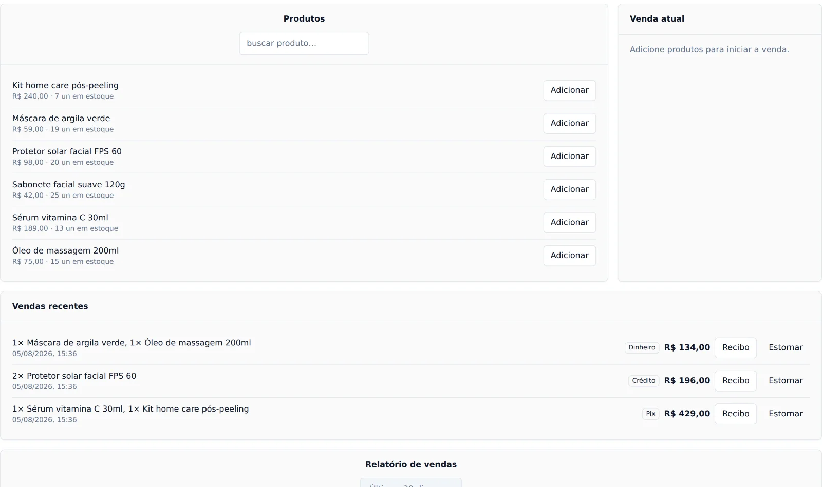 Loja do Clinikify Beauty: séruns, protetor solar e kits home care com preço e estoque, e as vendas recentes do balcão.