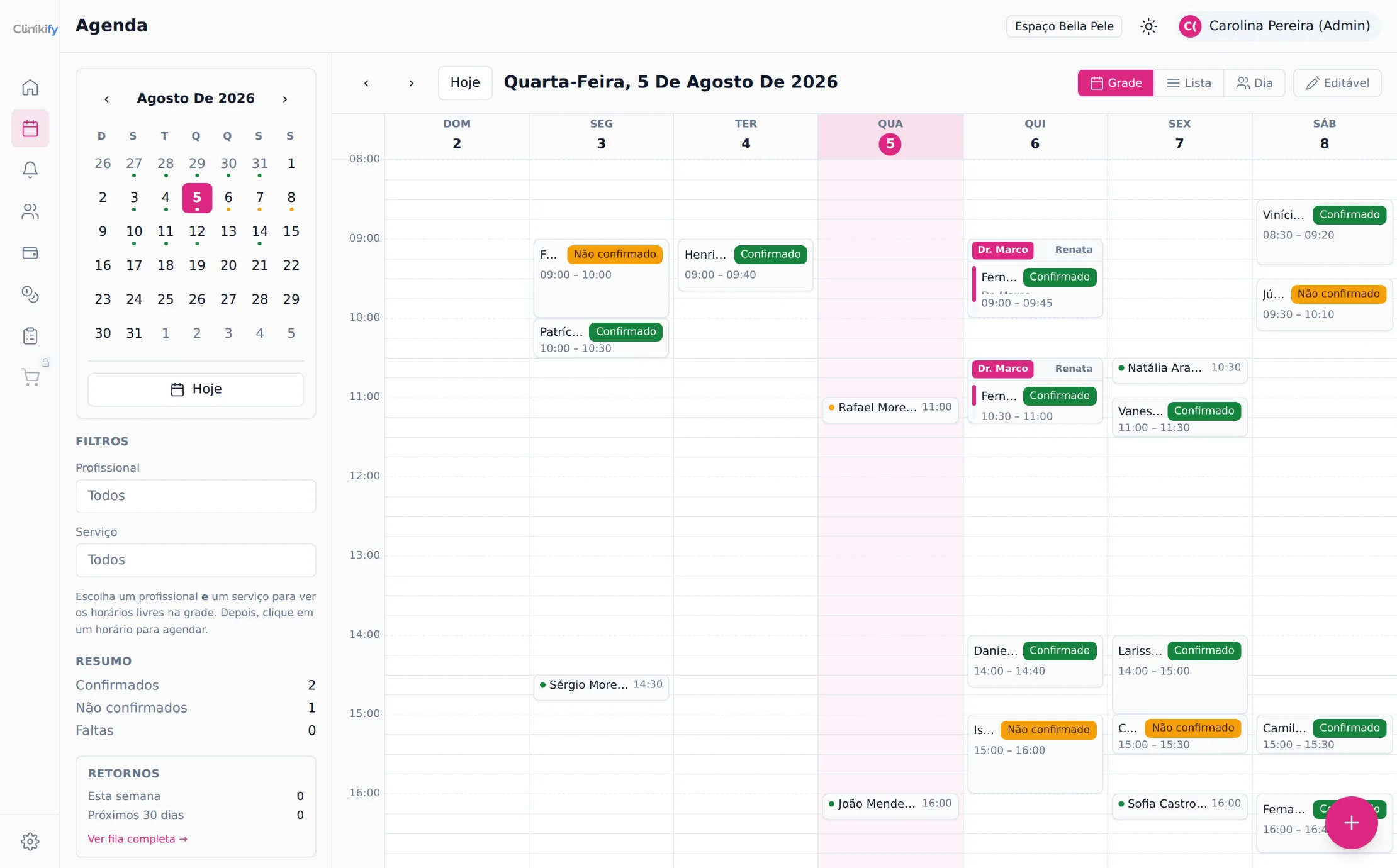 Agenda semanal do Clinikify Beauty: procedimentos estéticos confirmados por profissional, em uma grade por dia e hora.