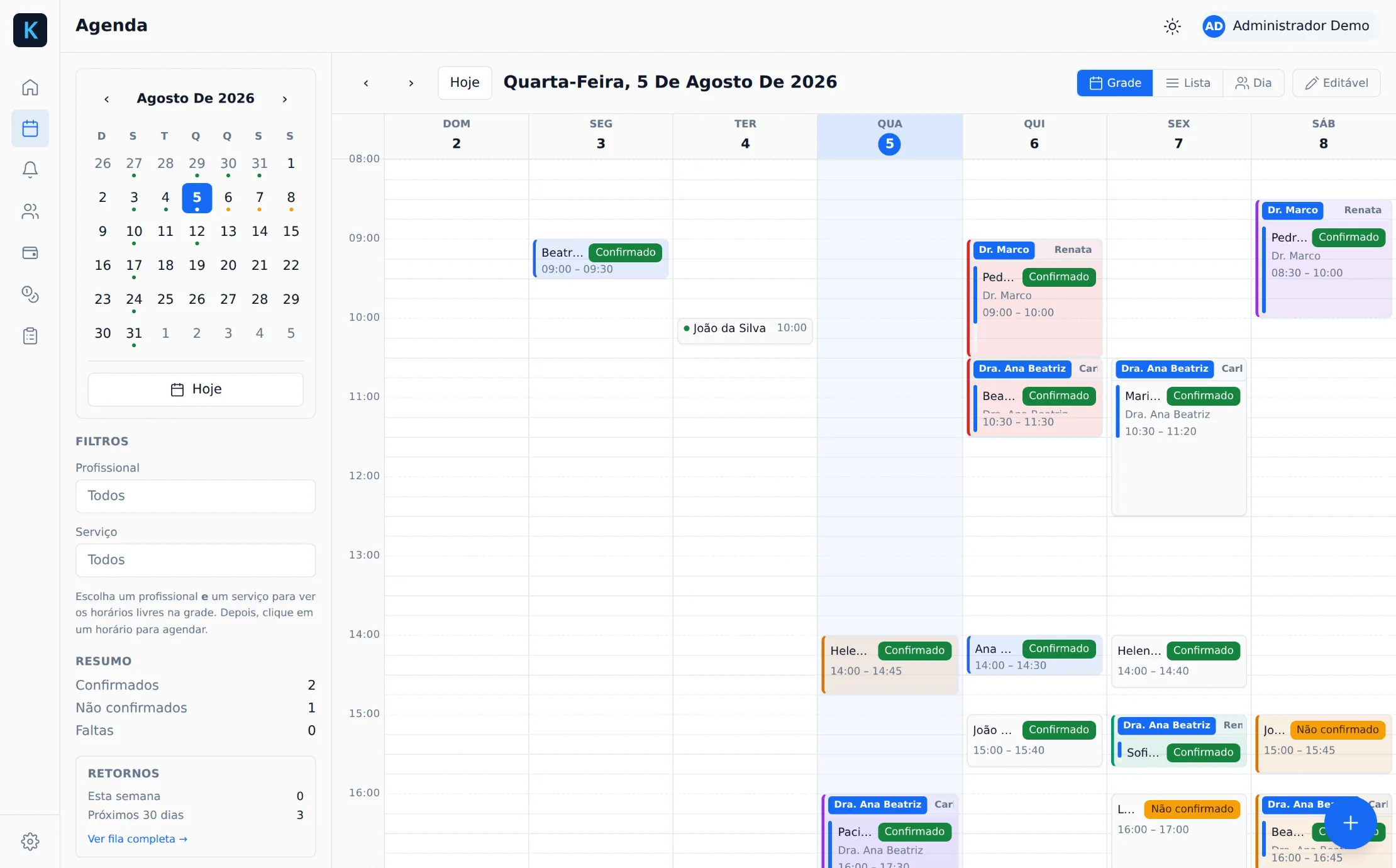 Agenda semanal do Clinikify Dental: consultas confirmadas por dentista, em uma grade por dia e hora.
