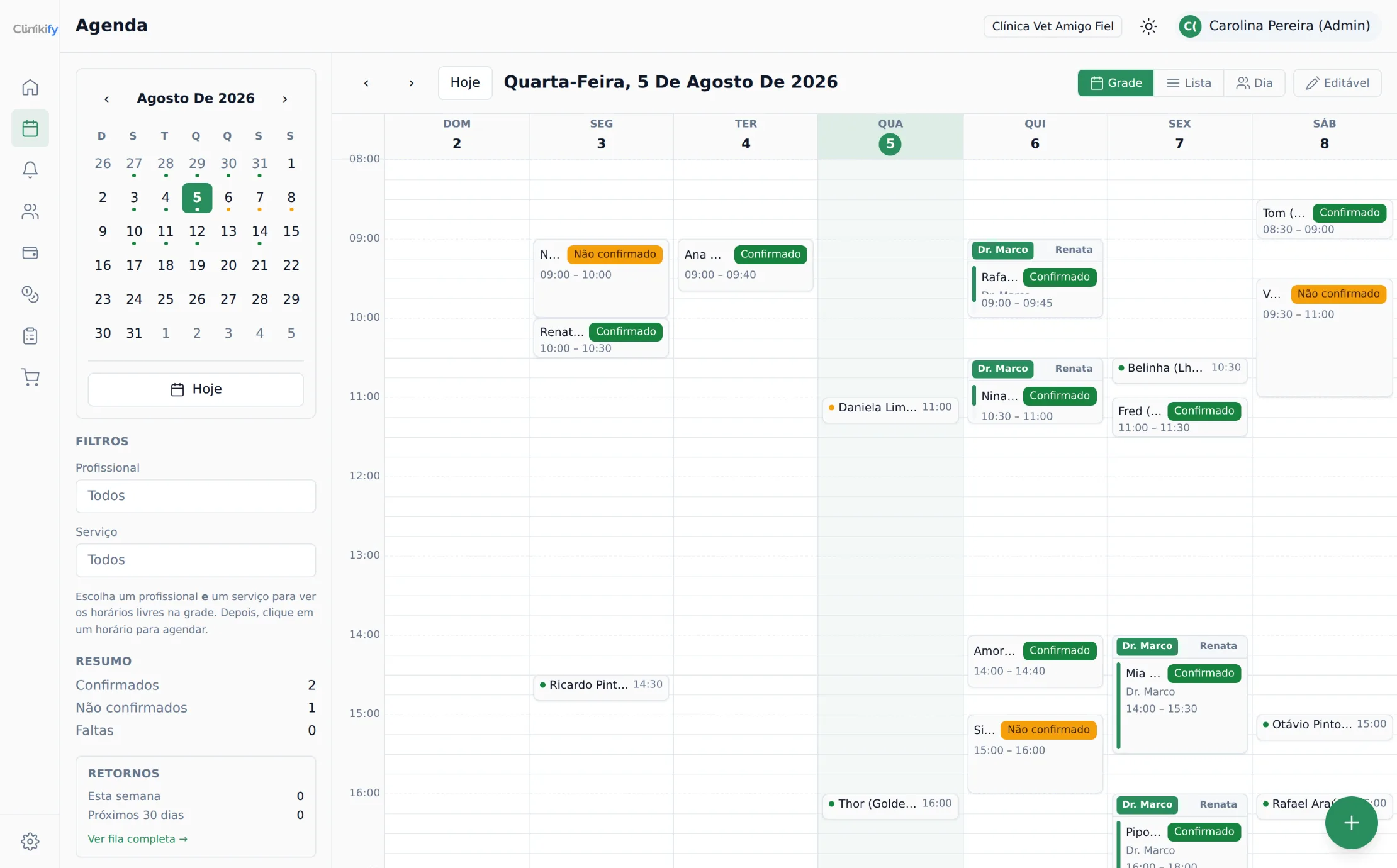 Agenda semanal do Clinikify Vet: atendimentos de pets confirmados por veterinário, em uma grade por dia e hora.